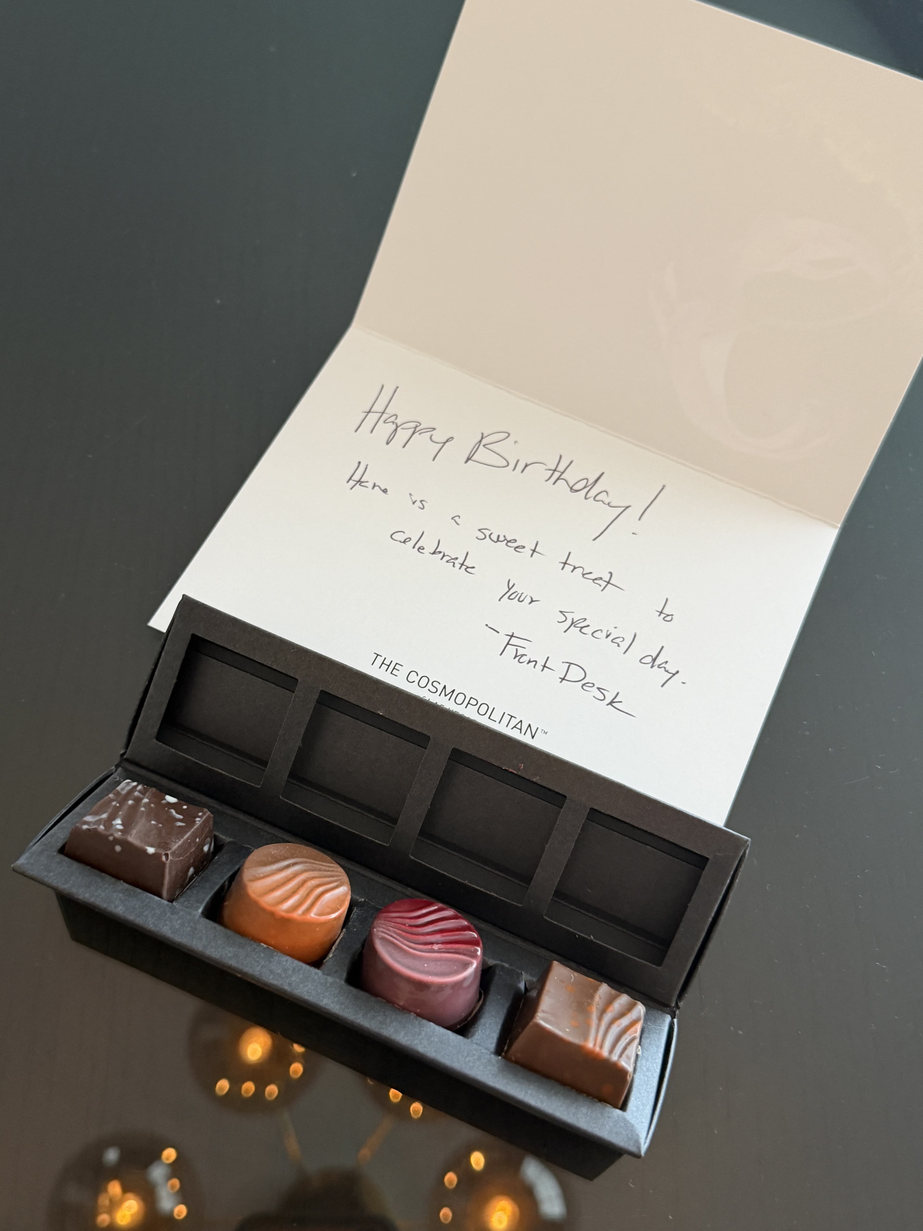 Birthday chocolates and a greeting card, a casino comp gift