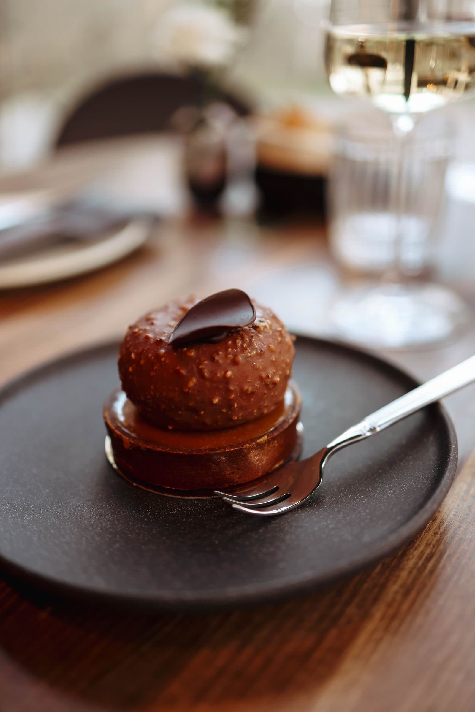 Chocolate dessert on a dark plate, a casino comp dinner